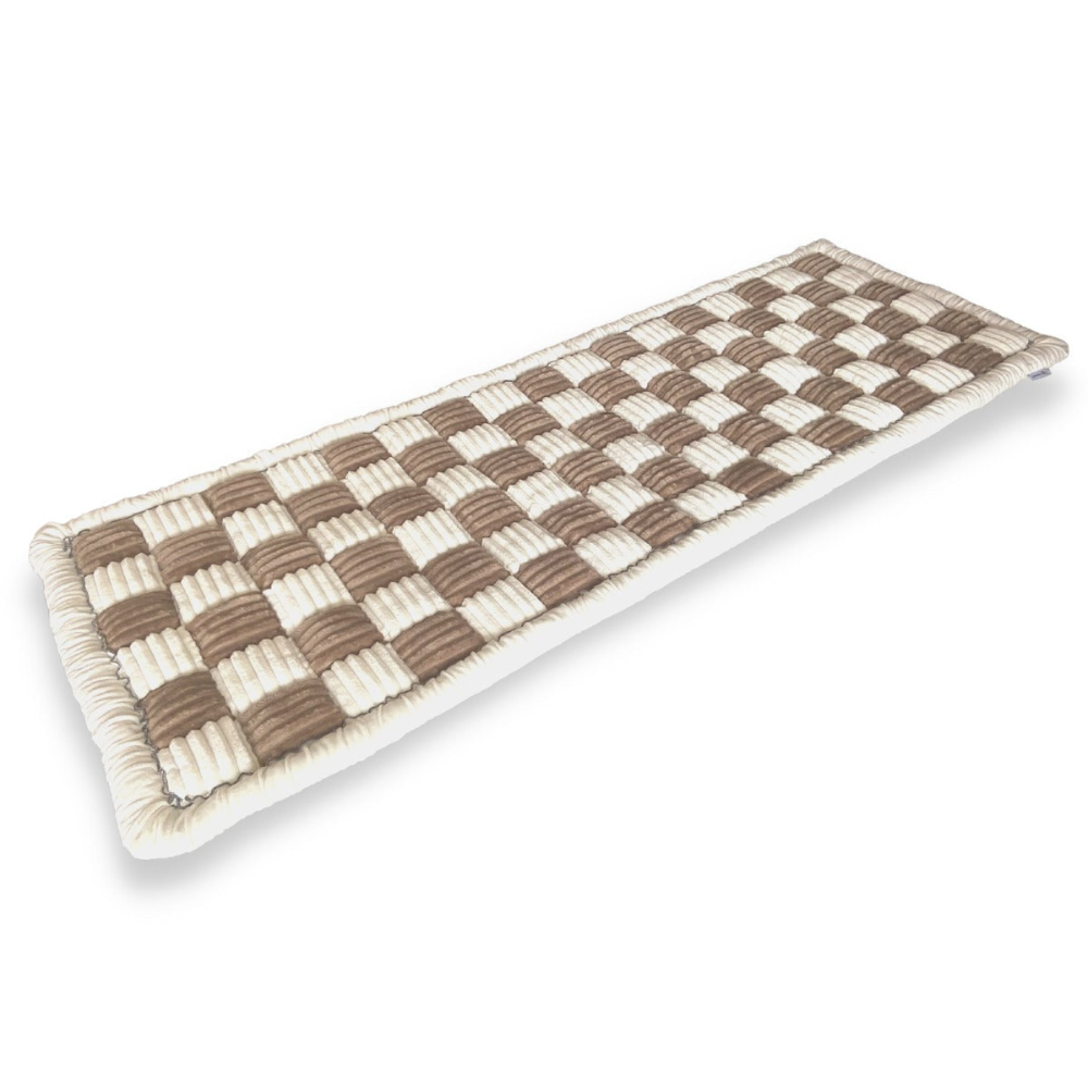 Woven checkered table runner in beige and white, featuring a textured design. Perfect for dining decor, adding elegance and style to any table setting.