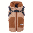 Quilted dog jacket with harness, brown and tan, featuring front zipper and pockets. Ideal for pet fashion, winter warmth, and outdoor adventures.