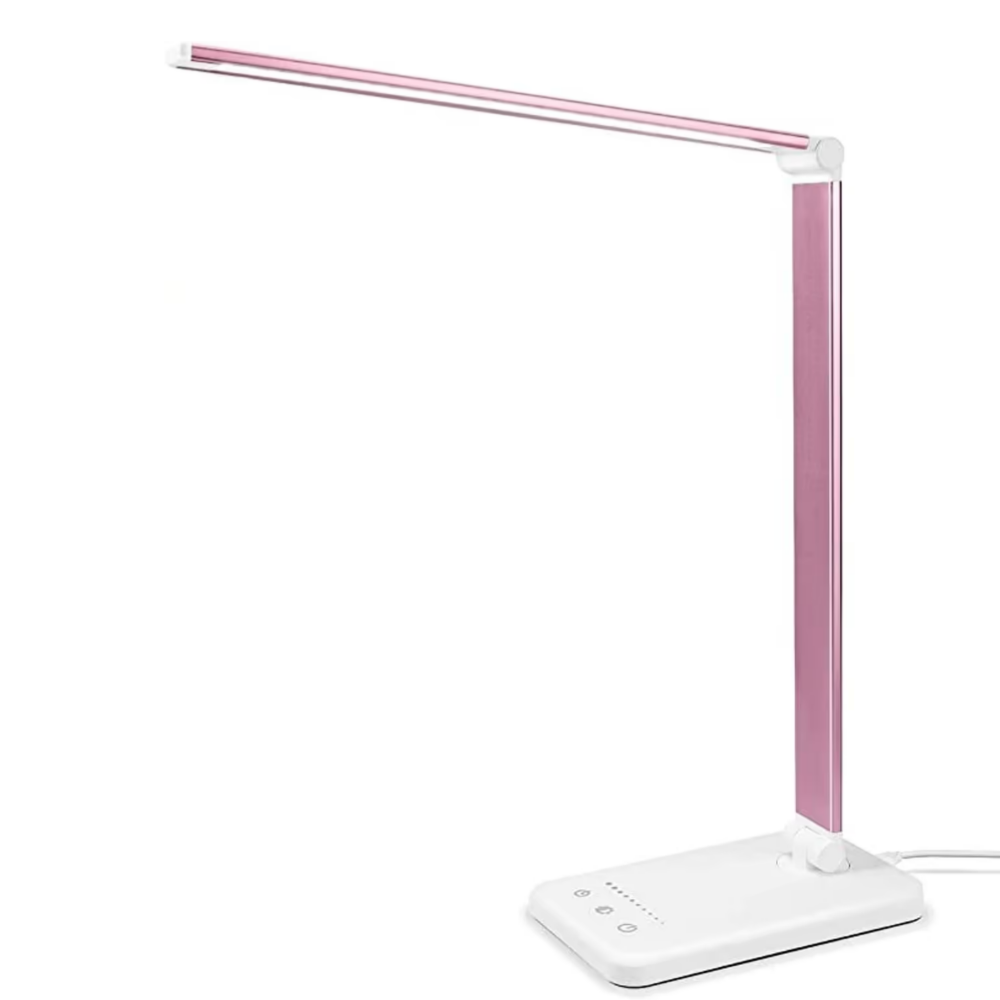 Sleek pink LED desk lamp with adjustable arm and touch controls on a white base, ideal for modern home office lighting and energy-efficient illumination.