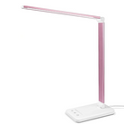 Sleek pink LED desk lamp with adjustable arm and touch controls on a white base, ideal for modern home office lighting and energy-efficient illumination.