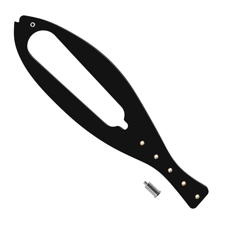 Black leathercraft strap cutter with adjustable blade, ergonomic handle, and rivet details, ideal for precision leatherworking and crafting.