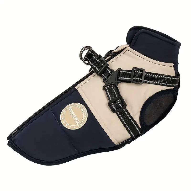 Dog winter coat with harness, navy and beige, waterproof, reflective straps, adjustable fit, ideal for small to medium dogs, pet apparel.