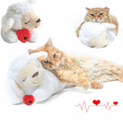 Cat cuddling with a plush sheep toy featuring a red heart, symbolizing love and comfort. Perfect pet gift idea for cat lovers.