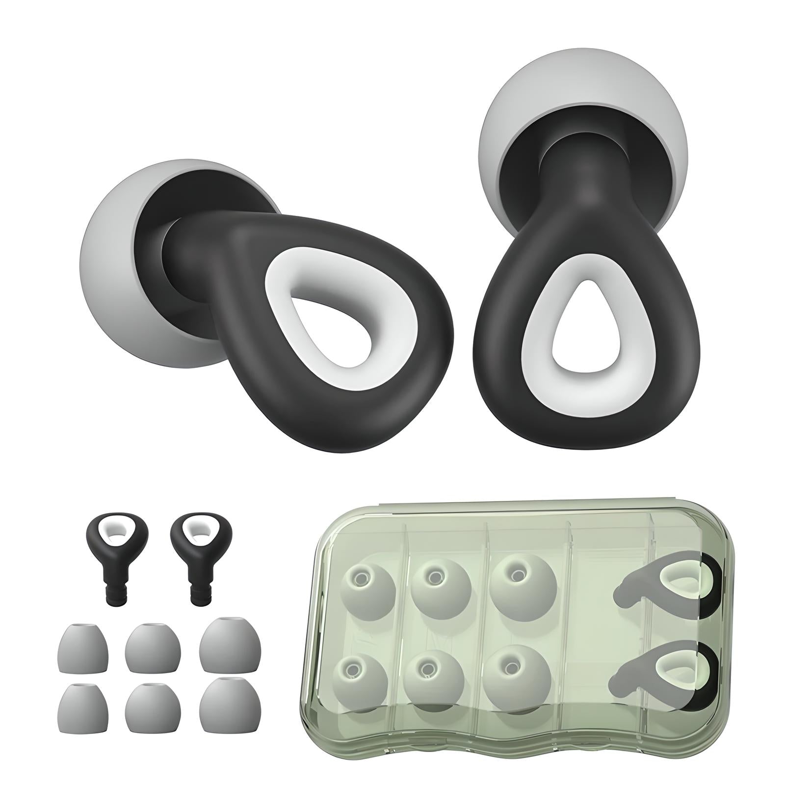 Black and white earbud tips with ergonomic design, multiple sizes, and a transparent storage case. Ideal for noise isolation and comfort.