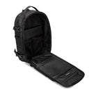 Open black backpack with multiple compartments, laptop sleeve, and zippered pocket. Ideal for travel, school, or work. Durable and spacious design.