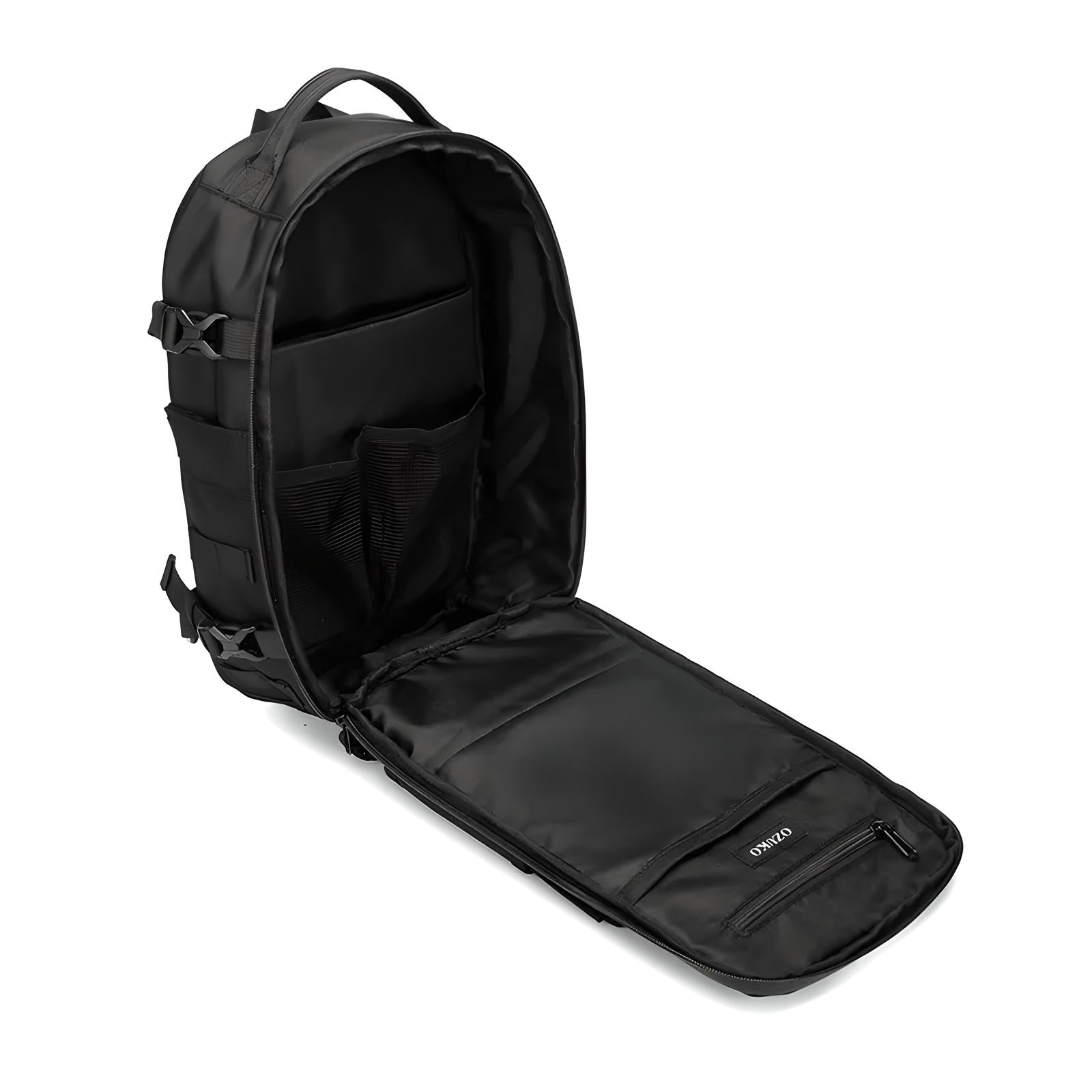 Open black backpack with multiple compartments, laptop sleeve, and zippered pocket. Ideal for travel, school, or work. Durable and spacious design.