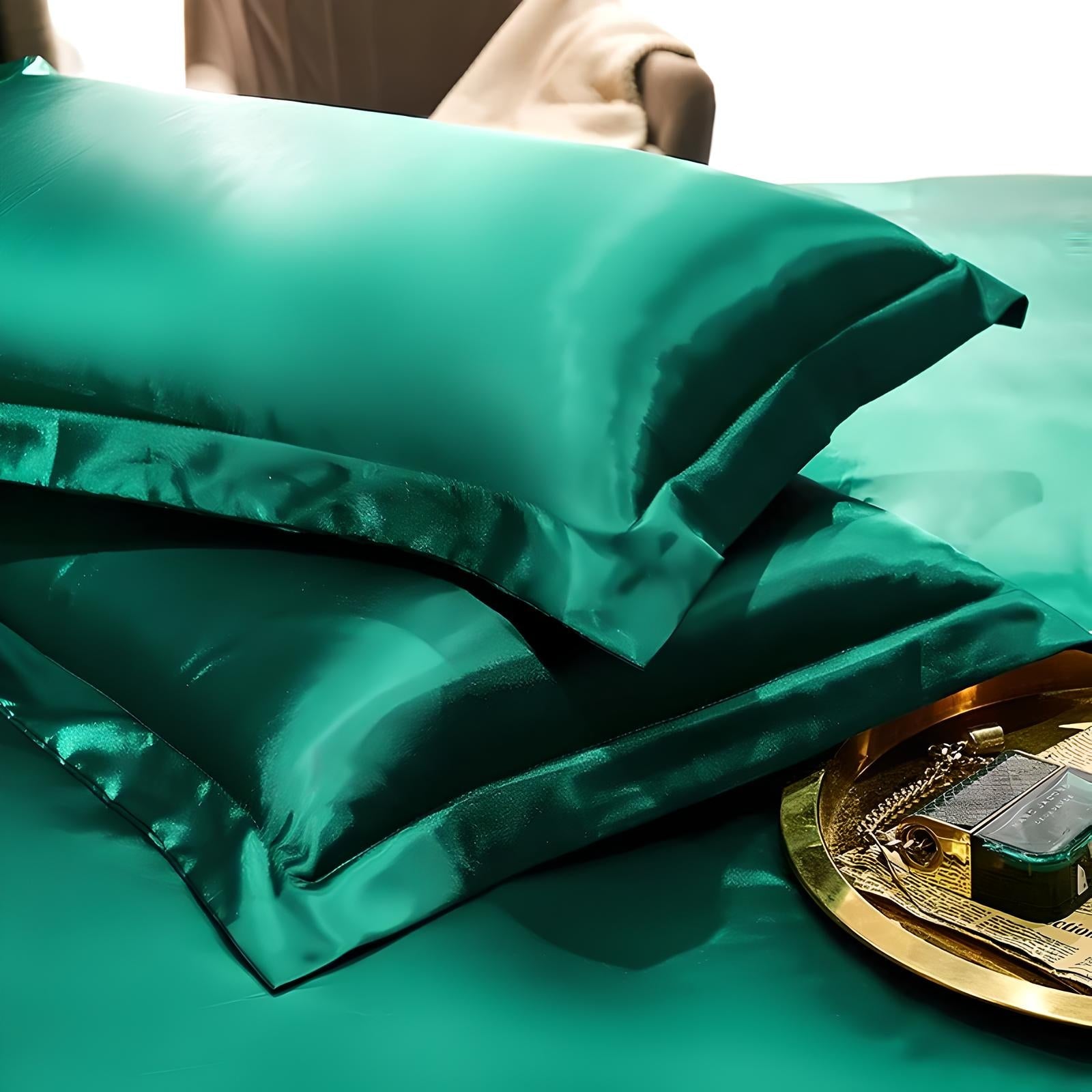 Emerald green silk pillowcases on a luxurious bed with a gold tray, highlighting elegant bedroom decor and premium bedding accessories.