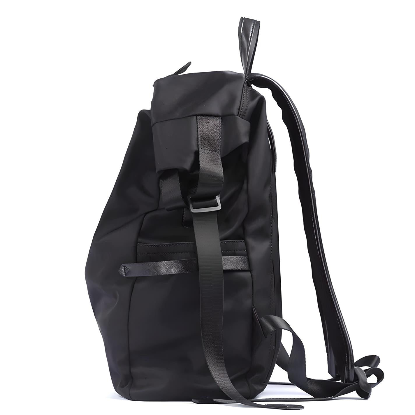 Sleek black leather backpack with adjustable straps, side view. Modern minimalist design, perfect for travel, school, or work. Durable and stylish.