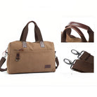 Tan canvas duffel bag with brown leather accents, featuring sturdy handles, detachable shoulder strap, and front pocket. Ideal for travel and gym use.