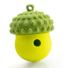 Green and yellow silicone acorn-shaped dog toy with textured surface and hole, perfect for interactive play and dental health. Durable pet chew toy.