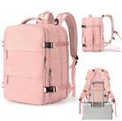 Pink travel backpack with multiple compartments, adjustable straps, and luggage sleeve. Ideal for travel, school, or work. Durable and stylish design.