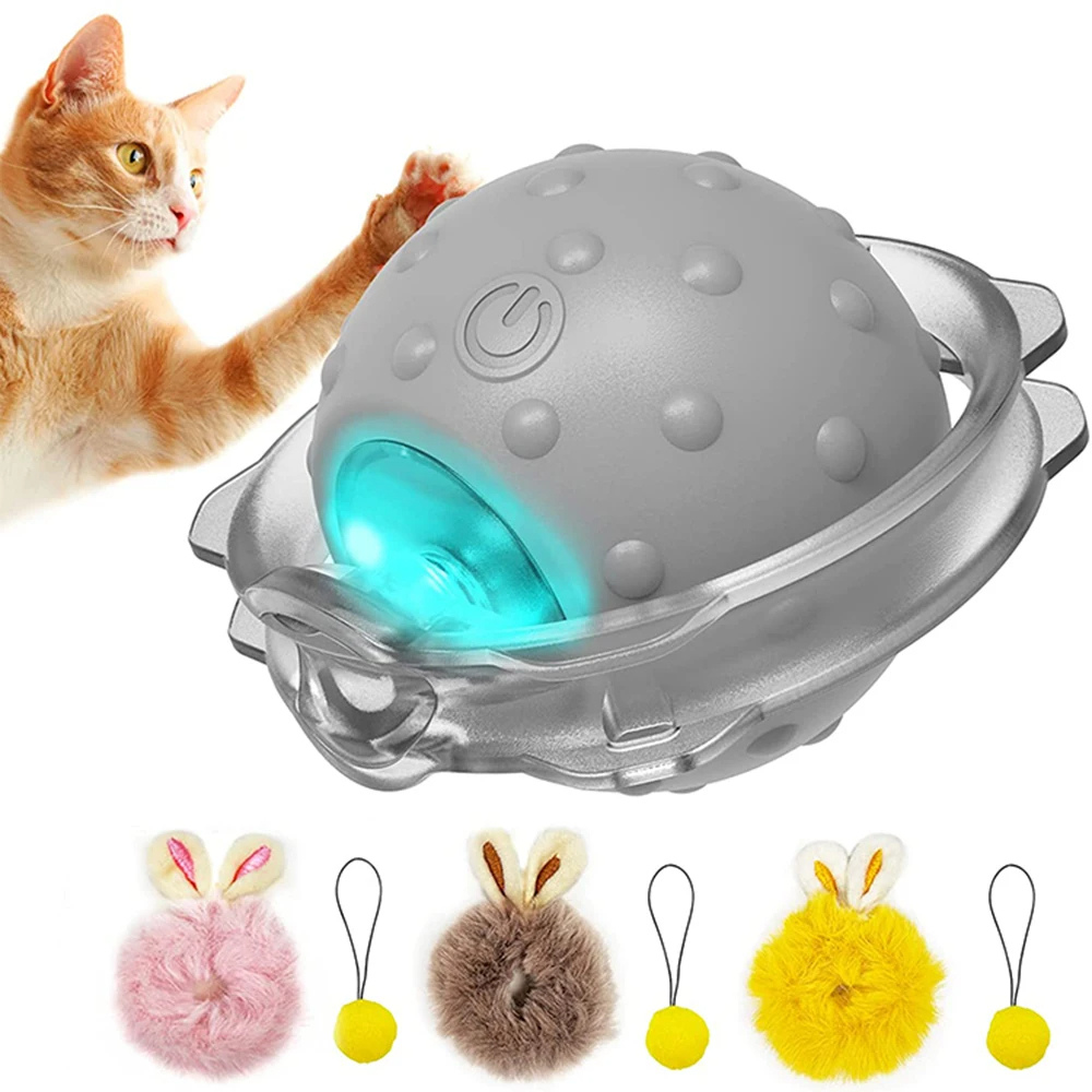 Interactive cat toy ball with LED light, USB rechargeable, featuring fluffy attachments. Ideal for pet entertainment and exercise.