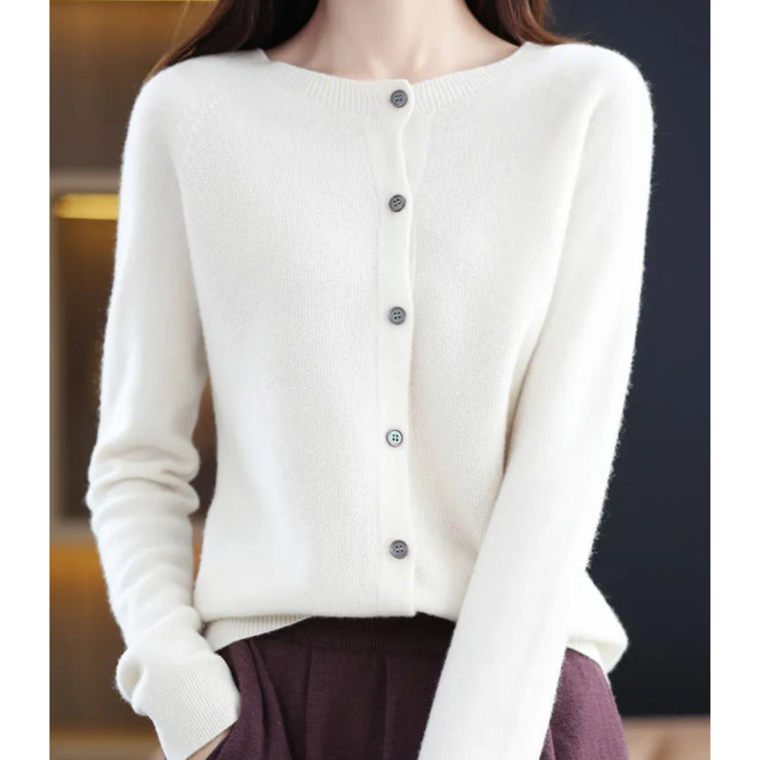 White cashmere cardigan sweater with buttons, women's fashion, soft knitwear, elegant style.