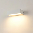 Modern white wall sconce with LED lighting, minimalist rectangular design, illuminating a soft warm glow, ideal for contemporary home decor.