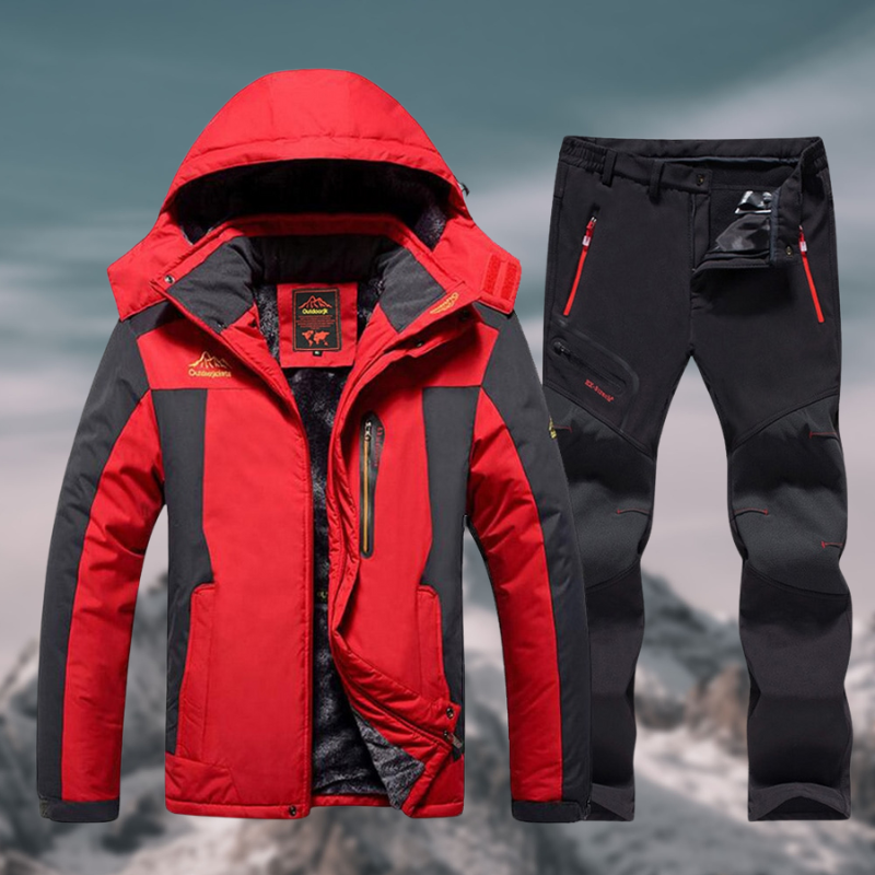 Red and black waterproof winter jacket and pants set, insulated for outdoor activities.