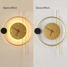 Modern gold wall clock with LED light, dual open and close effect, minimalist design, circular frame, perfect for contemporary home decor.