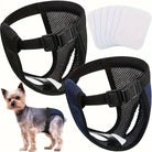 Dog diaper harness for small dogs, featuring adjustable mesh design, secure fit, and included pads. Ideal for pet hygiene and comfort.