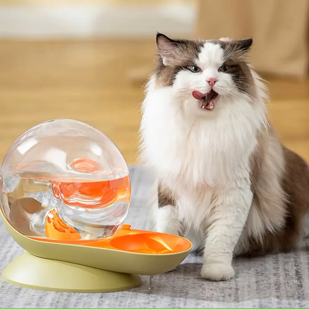 Fluffy cat sitting beside a modern pet water fountain with a transparent globe design, ideal for cat hydration. Perfect pet accessory for healthy cats.