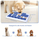 Puppy playing with interactive dog puzzle toy, blue and white, 11.61x7.28 inches, suitable for dogs and cats, mental stimulation, pet enrichment.