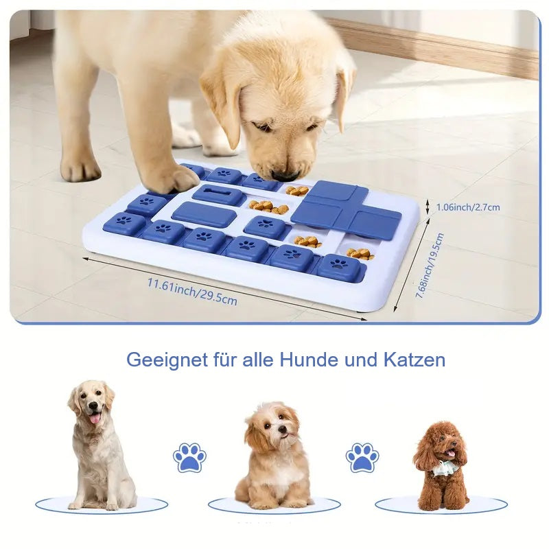 Puppy playing with interactive dog puzzle toy, blue and white, 11.61x7.28 inches, suitable for dogs and cats, mental stimulation, pet enrichment.