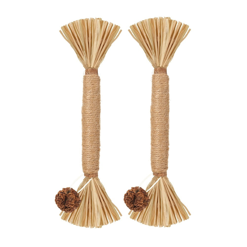 Two natural sisal and raffia cat toys with pinecone accents, ideal for interactive play and scratching. Eco-friendly pet accessories for cats.