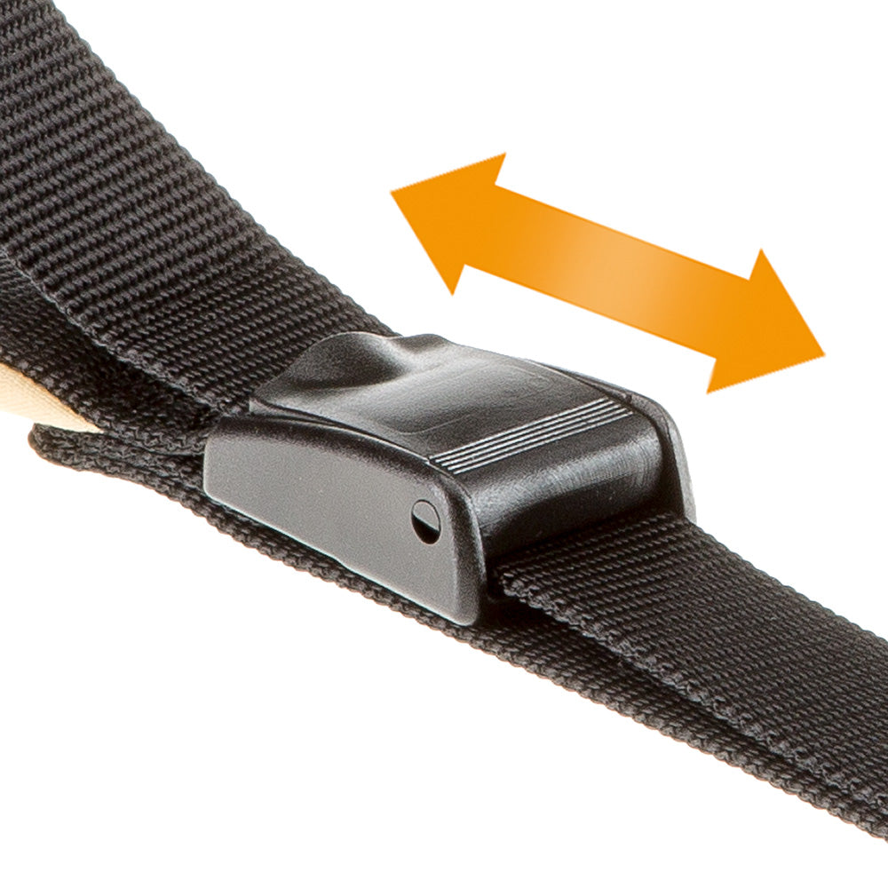 Black adjustable strap with a durable plastic buckle, featuring an orange double-sided arrow indicating adjustability. Ideal for backpacks and luggage.