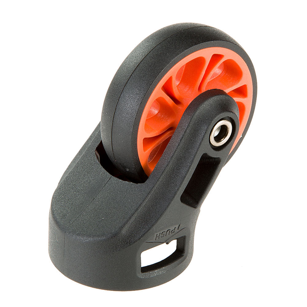 Orange and black swivel caster wheel with durable plastic housing, ideal for furniture and equipment mobility. Heavy-duty caster for smooth movement.