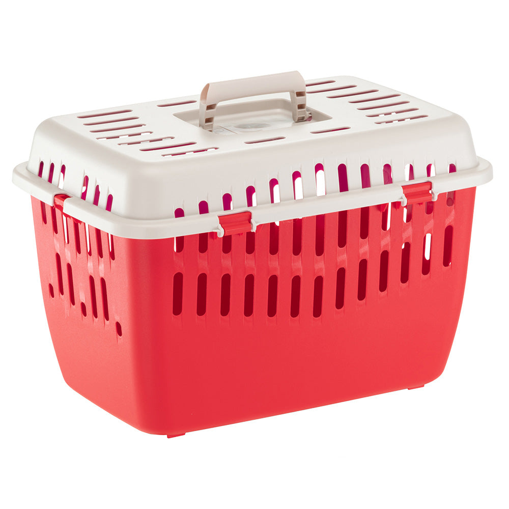 Red and white plastic pet carrier with ventilation slots and a sturdy handle, ideal for safe and comfortable transport of small animals.