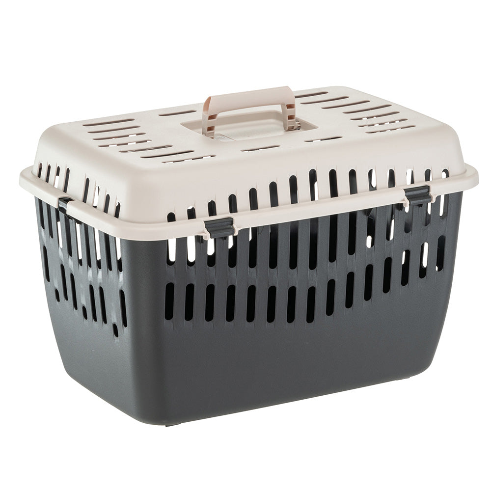 Pet carrier with ventilation slots, secure latches, and a sturdy handle. Ideal for safe pet transport. Durable plastic design for cats and small dogs.