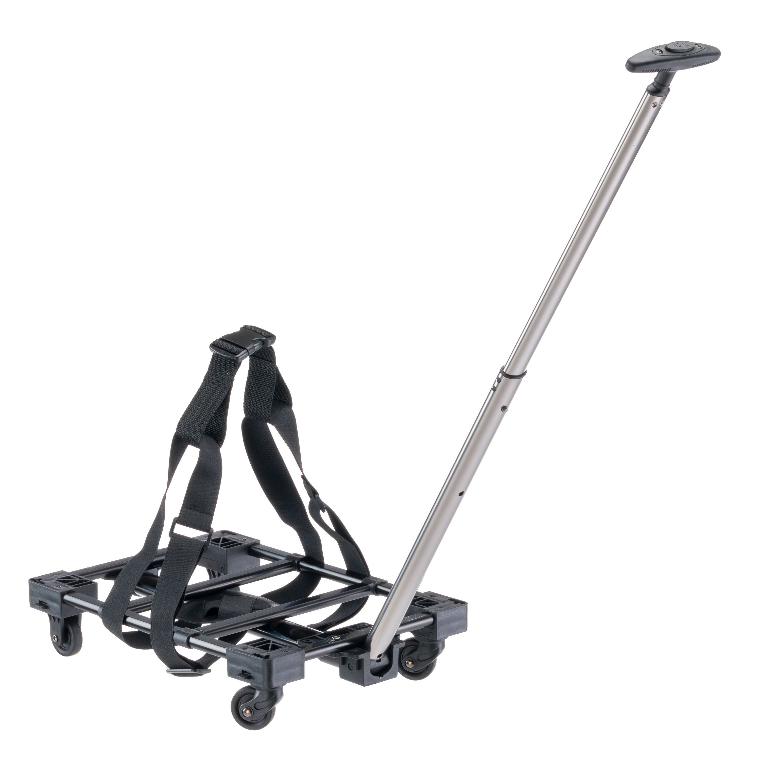 Folding luggage cart with adjustable handle and durable wheels, featuring a black strap for secure transport. Ideal for travel and heavy-duty use.