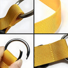 Close-up of a durable yellow nylon strap with a sturdy metal hook, showcasing high-quality stitching and robust design for secure fastening solutions.