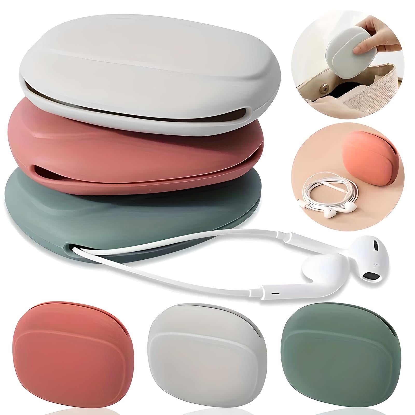 Portable wireless earbuds case in pastel colors, featuring compact design, earbud storage, and easy portability. Ideal for travel and daily use.