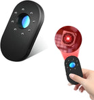 Hand holding a black wireless hidden camera detector with LED lights and red laser, ideal for privacy protection and anti-surveillance.