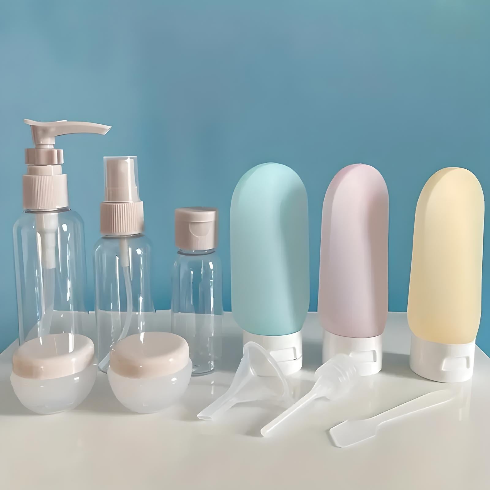 Travel-size toiletry bottles set against a blue background, featuring pump bottles, squeeze tubes, and jars. Ideal for travel essentials and toiletries.