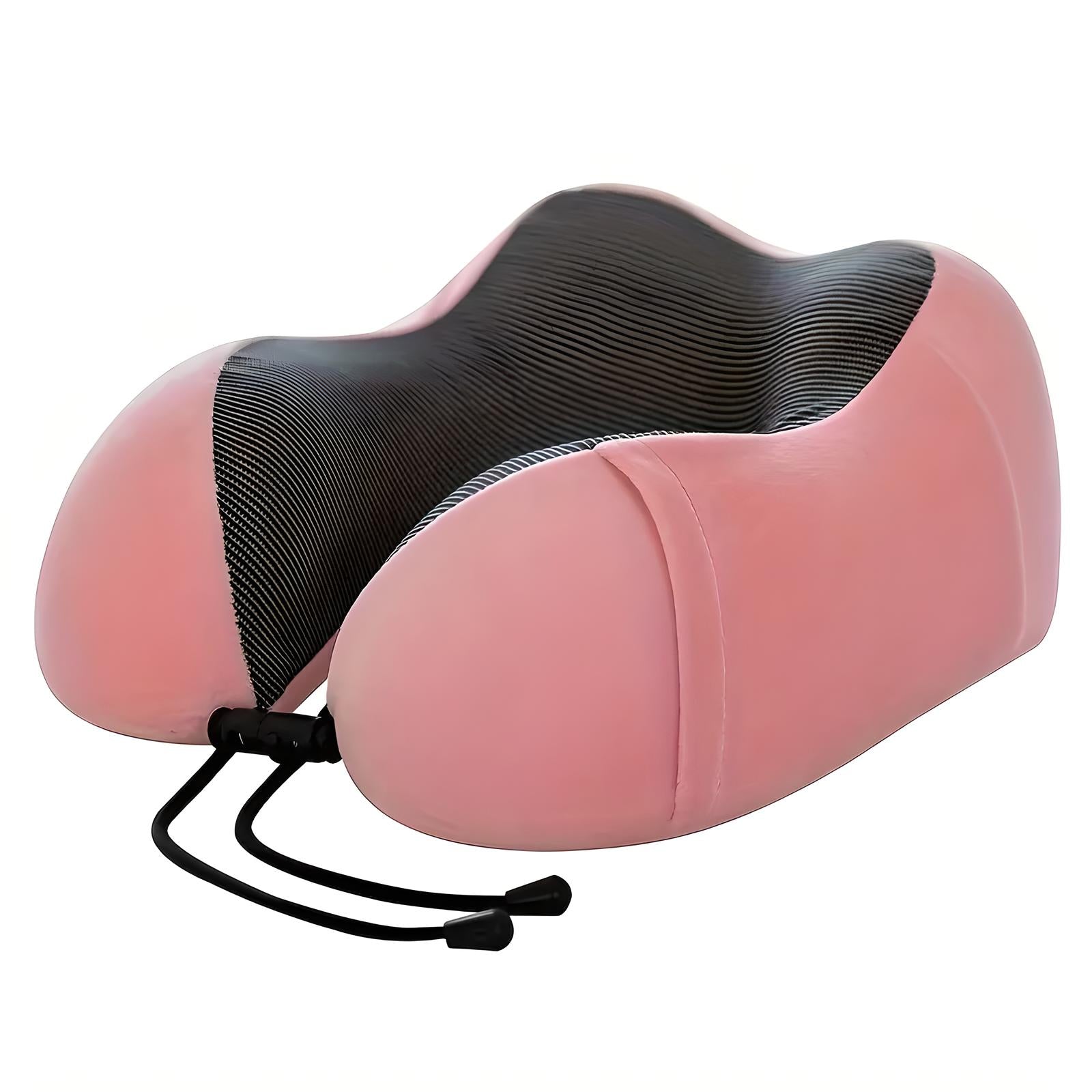 Ergonomic pink neck pillow with black mesh, memory foam support, and adjustable strap. Ideal for travel comfort and neck pain relief.