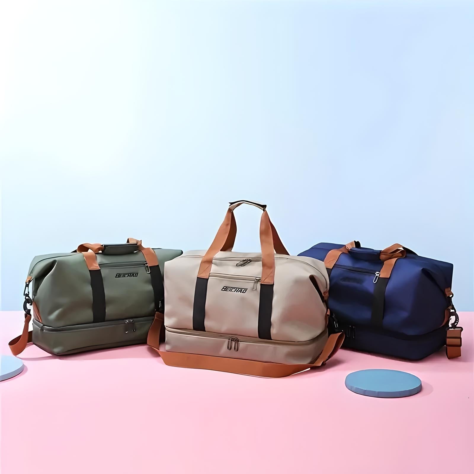 Three stylish duffel bags in green, beige, and navy with brown straps on a pink and blue background, perfect for travel and gym use.