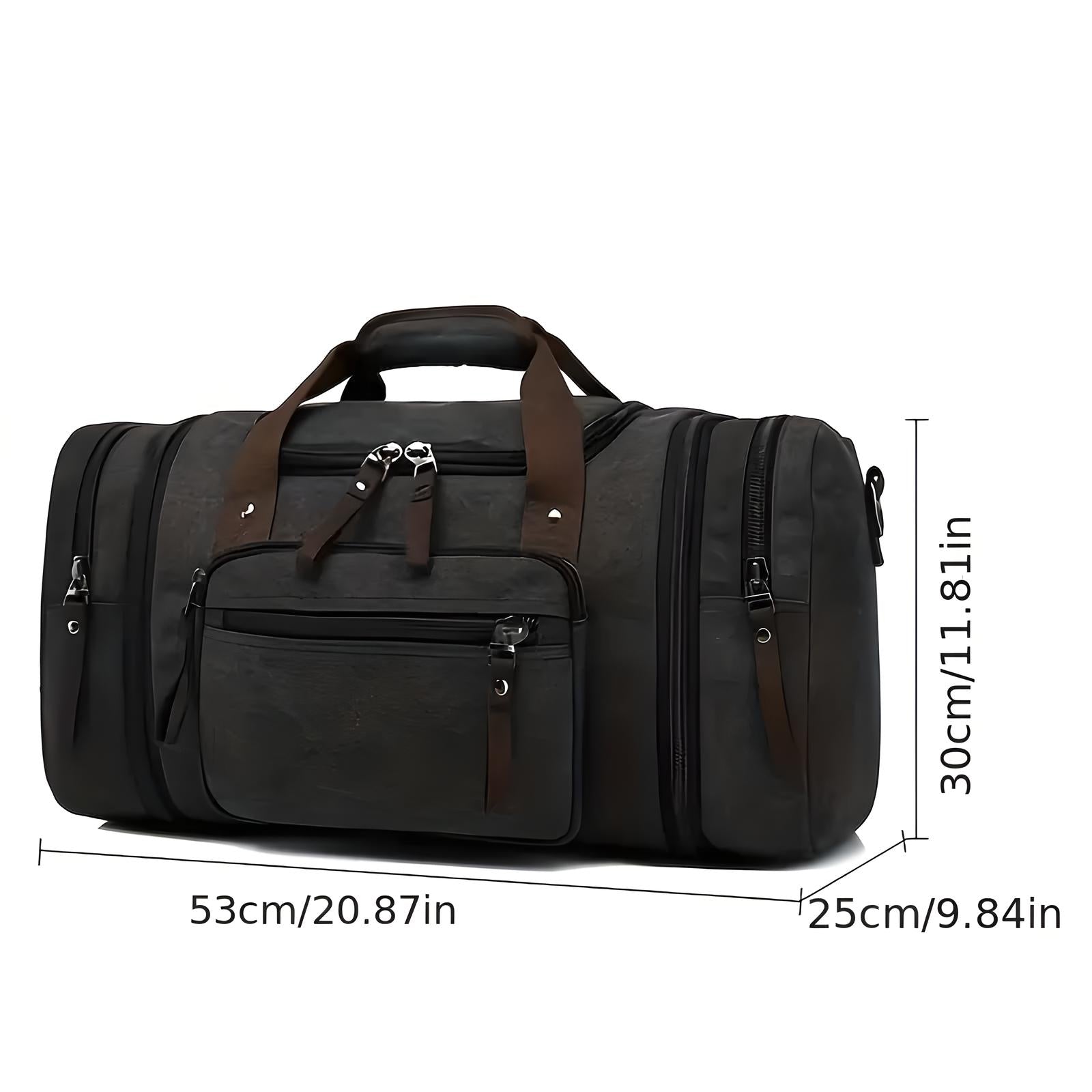 Black leather duffel bag with multiple compartments, adjustable shoulder strap, and dimensions 53cm x 25cm x 30cm. Ideal for travel and gym use.