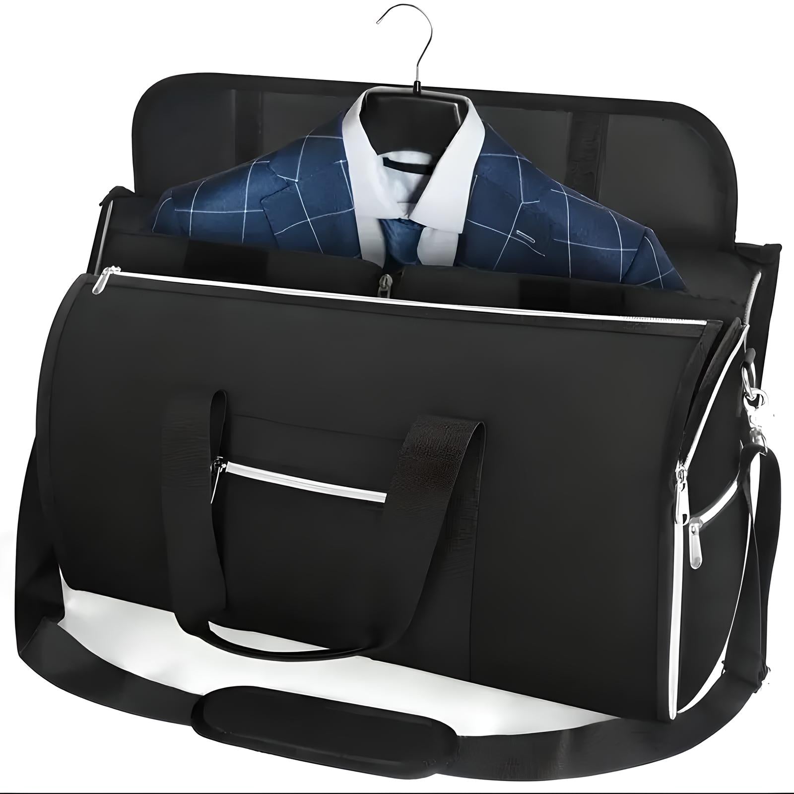 Black garment bag with shoulder strap, featuring a suit on a hanger inside. Ideal for travel, business trips, and wrinkle-free clothing storage.