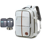 Stylish white backpack with brown accents, featuring multiple compartments, ergonomic straps, and a modern design. Ideal for travel and daily use.