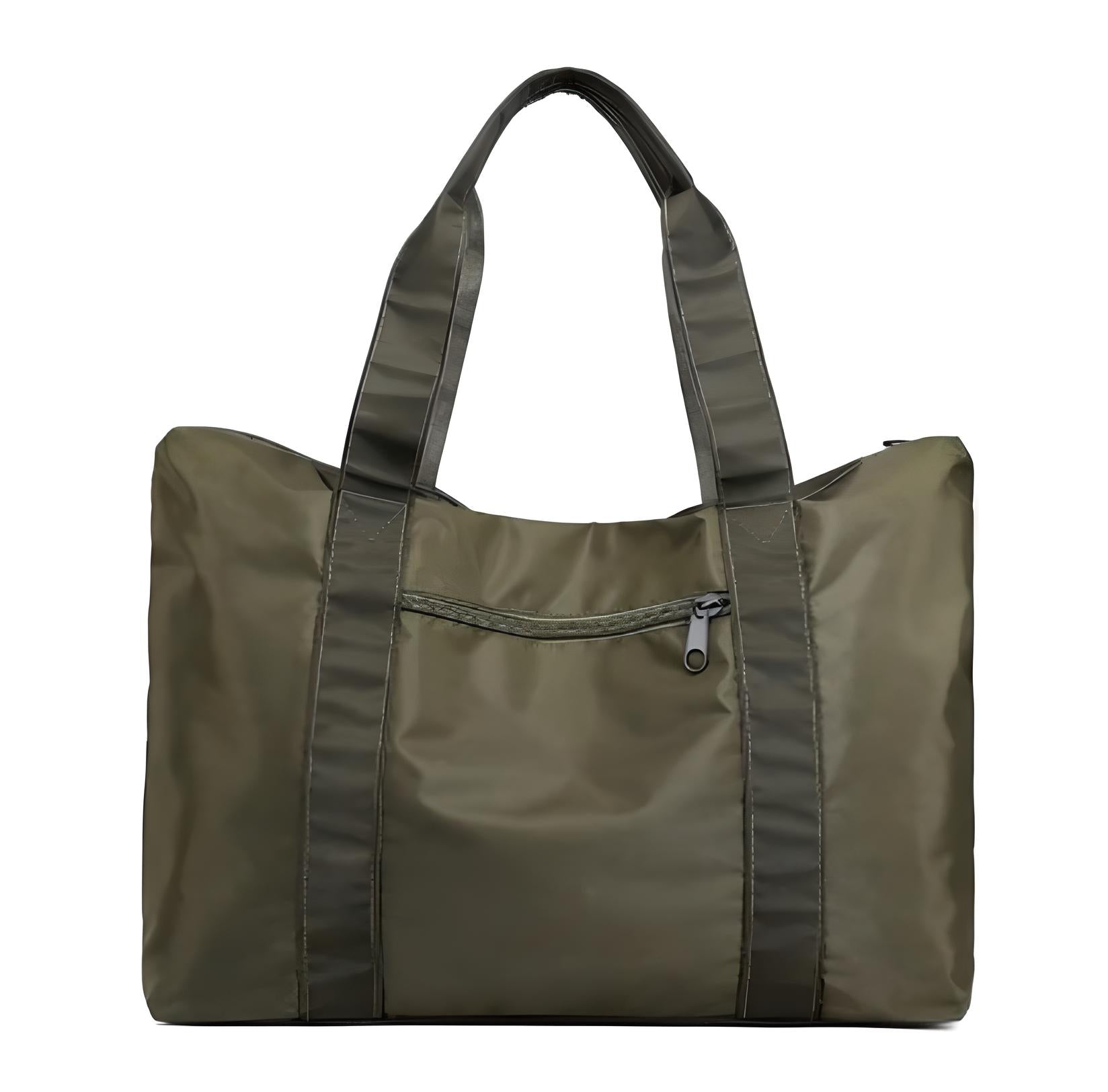 Olive green nylon tote bag with front zipper pocket and sturdy handles, ideal for travel and everyday use. Durable, stylish, and spacious design.