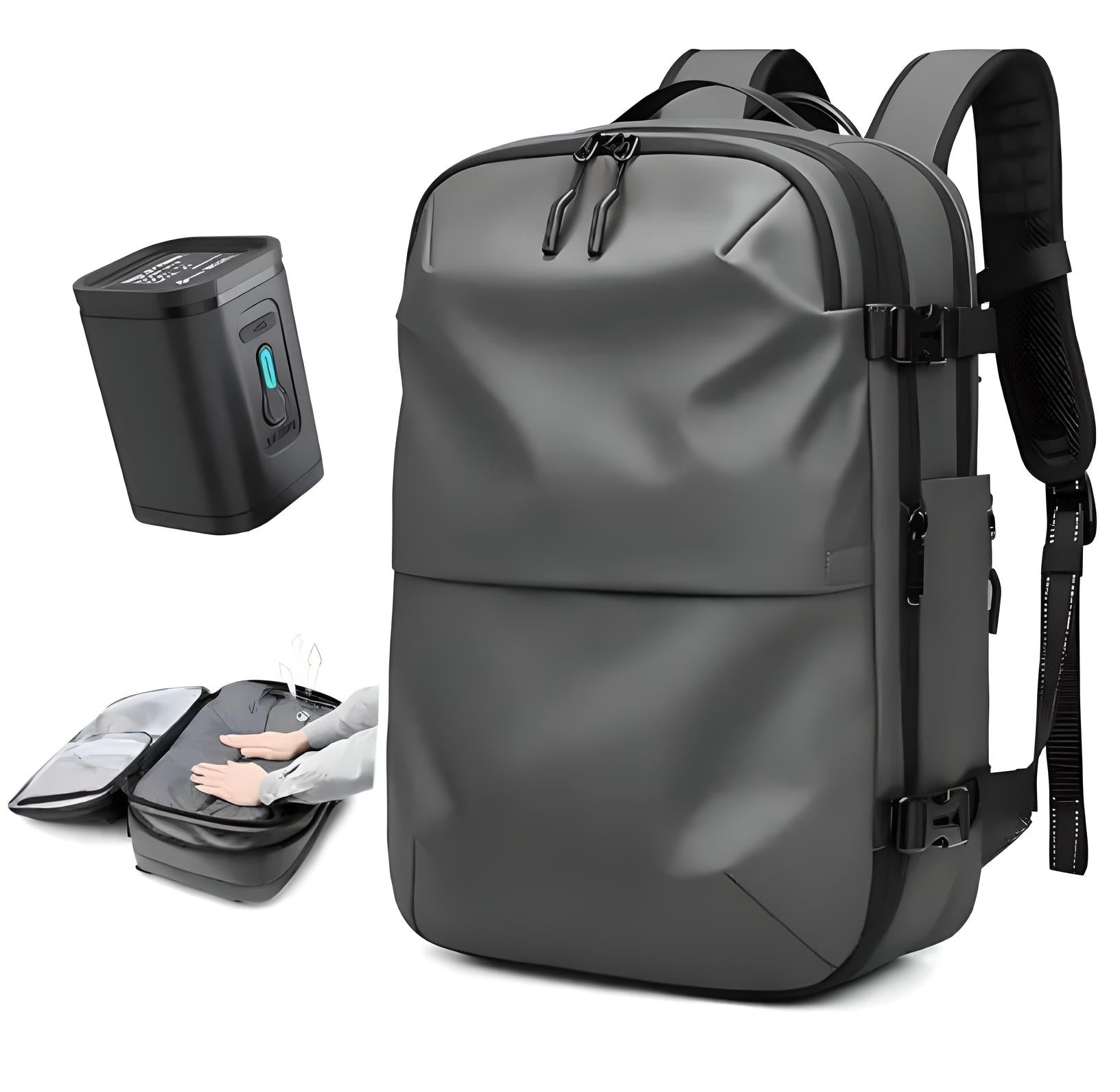 Sleek black travel backpack with multiple compartments, waterproof design, and ergonomic straps, ideal for tech gear and accessories.