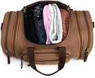 Brown leather duffel bag with clothes, featuring multiple zippered compartments, ideal for travel and gym use. Stylish, durable, and spacious design.