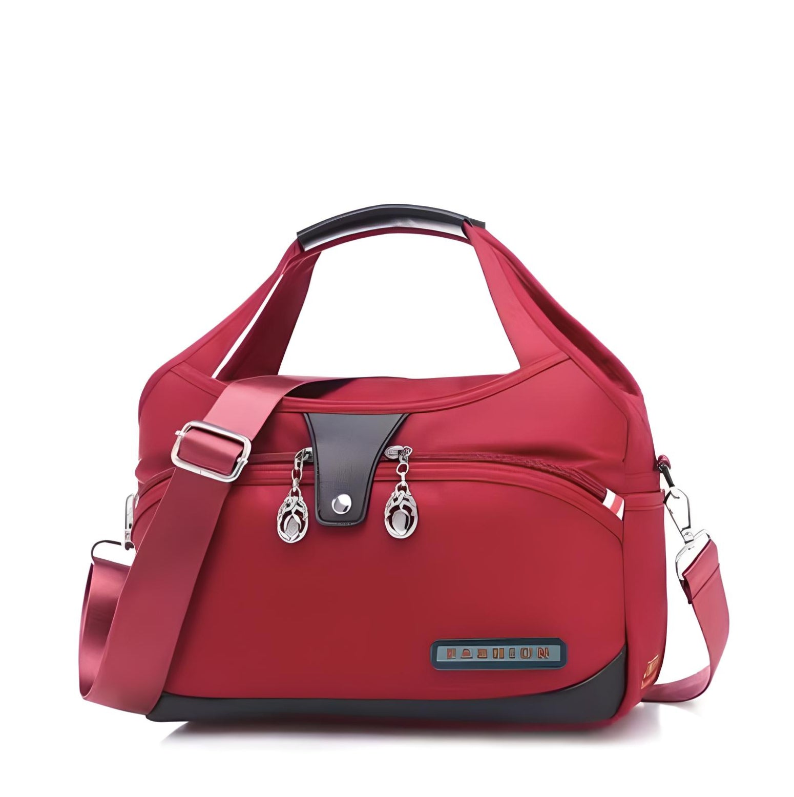 Red women's fashion handbag with adjustable shoulder strap, front zipper pocket, and silver-tone hardware. Stylish, versatile accessory for everyday use.