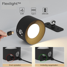 Modern Flexilight™ LED wall lamp with USB Type-C charging, 4.5W power, 2000mAh battery. Features quick charge and full charge indicators.