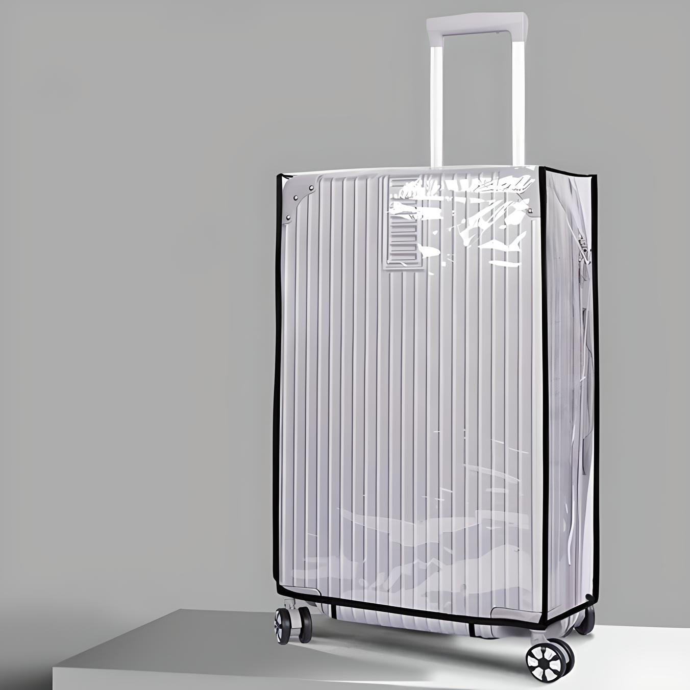 Transparent suitcase cover on a sleek, modern hard-shell luggage with four wheels and a telescopic handle, ideal for travel protection and style.