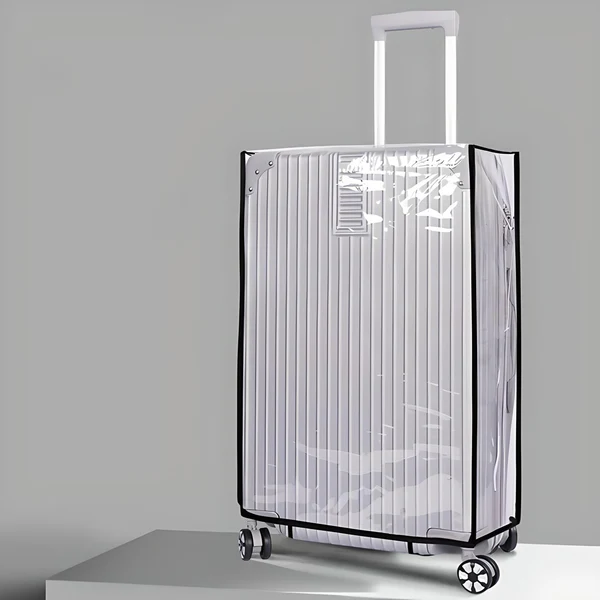 Clear hard shell suitcase with vertical grooves, retractable handle, and four wheels on a minimalist background. Durable travel luggage.