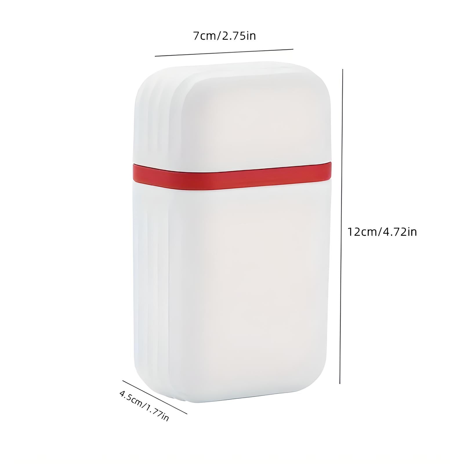 White rectangular container with red band, dimensions 7cm x 12cm x 4.5cm, ideal for storage. Compact design, perfect for organizing small items.