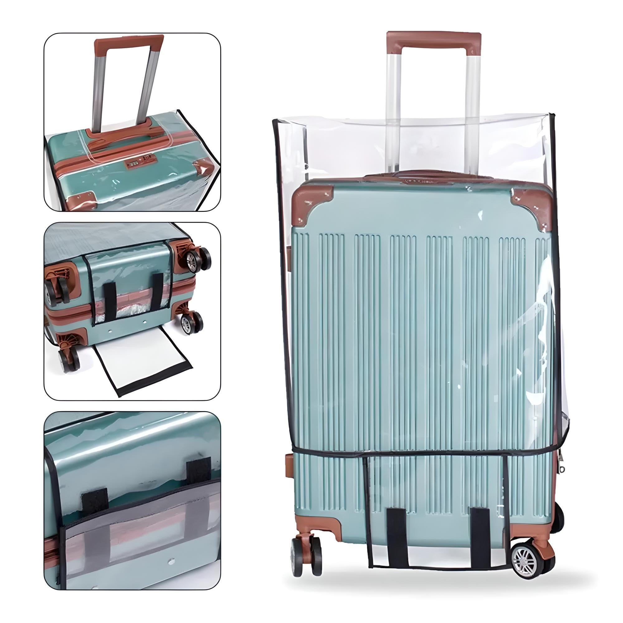 Clear protective suitcase cover on a teal hard-shell luggage with brown accents, featuring durable wheels and telescopic handle. Travel accessory.