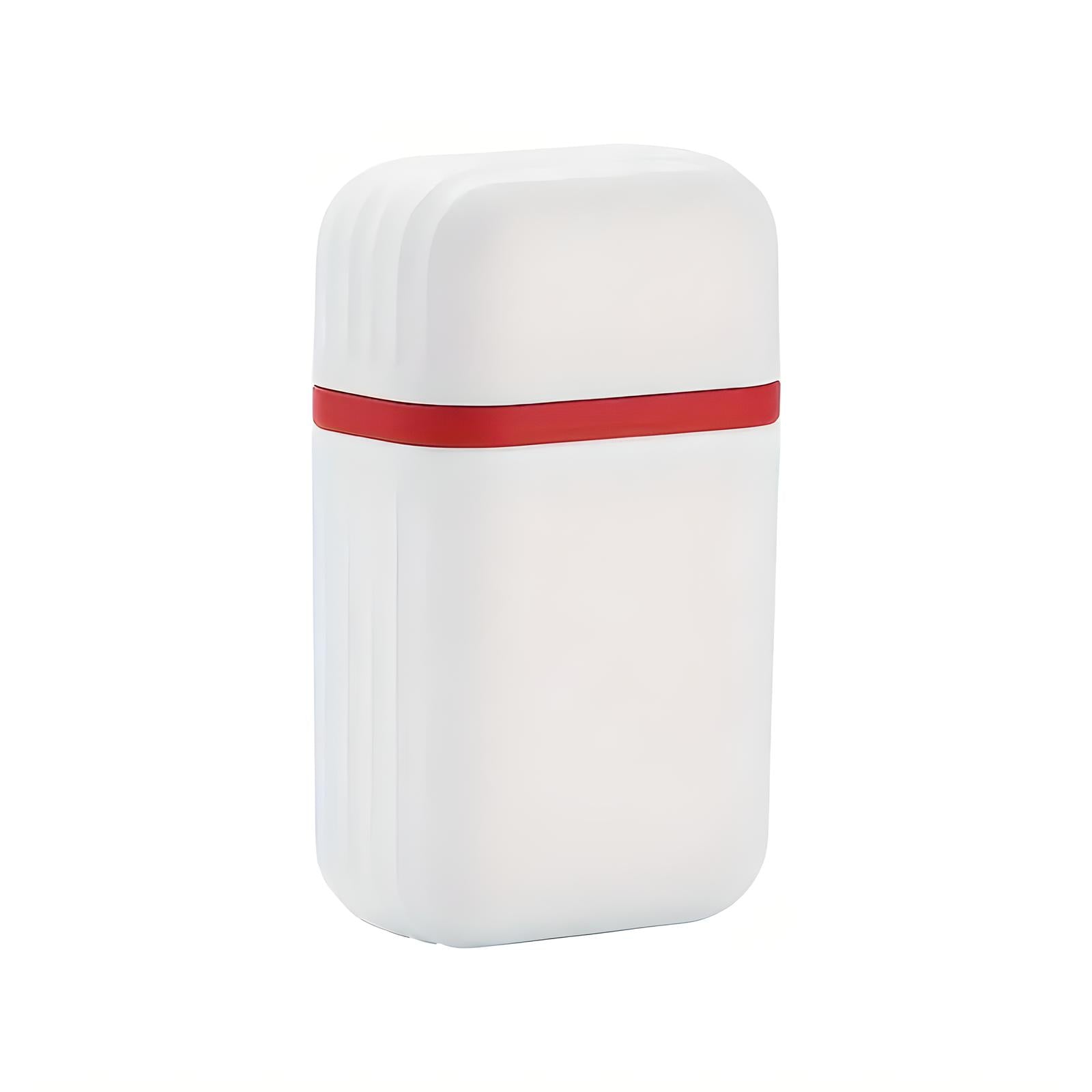 White rectangular container with a red band, minimalist design, ideal for storage or travel. Modern, sleek, compact, and versatile for various uses.