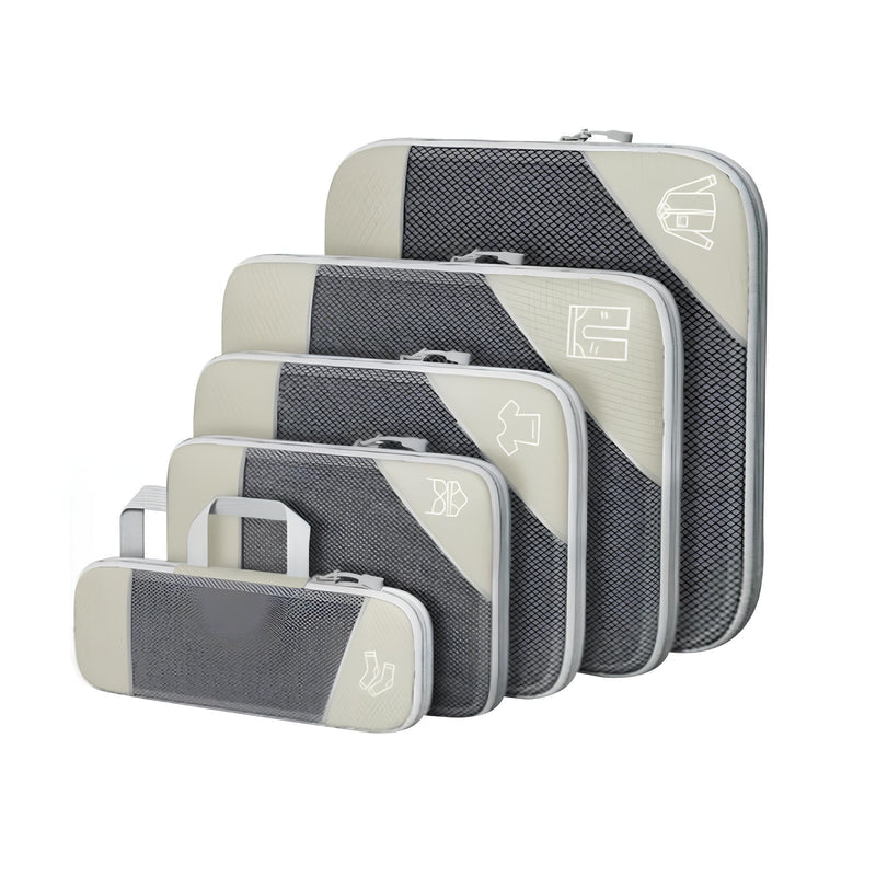 Set of five gray and beige travel packing cubes with zippers, featuring mesh panels and icons for organized luggage storage. Ideal for efficient packing.